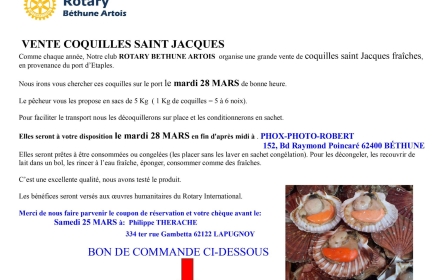 Notre Club organise une grande vente de Coquilles Saint-Jacques Fraîches en provenance du port d'Etaples.
